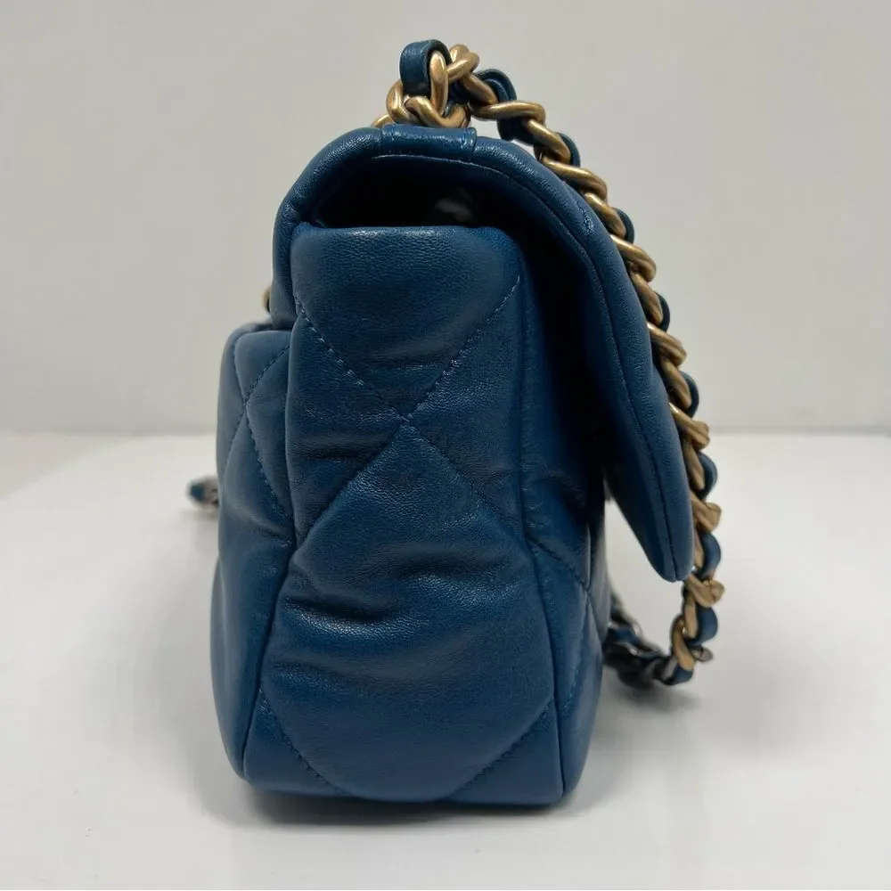 Chanel 19 Flap Bag Quilted Leather Medium Blue A+ Condition